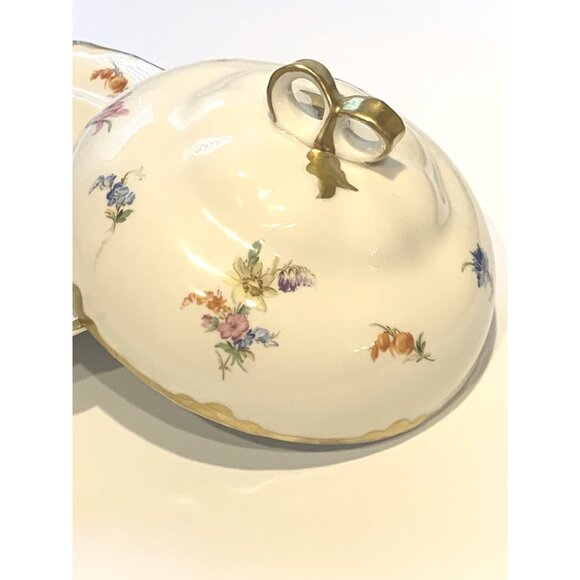 Vintage Dresden By Warwick Round Porcelain Floral Butter Dish With Lid & Gold Ha - Picture 12 of 12